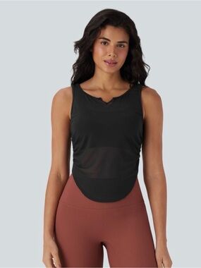 HALARA Black Sheer Mesh Tank Top  V-Notch Ruched Curved sides NWOT MEDIUM
